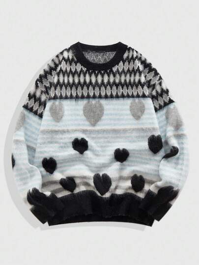 Street Life Pull oversize à col rond, motif jacquard cœur bicolore rétro, pour l'automne et l'hiver