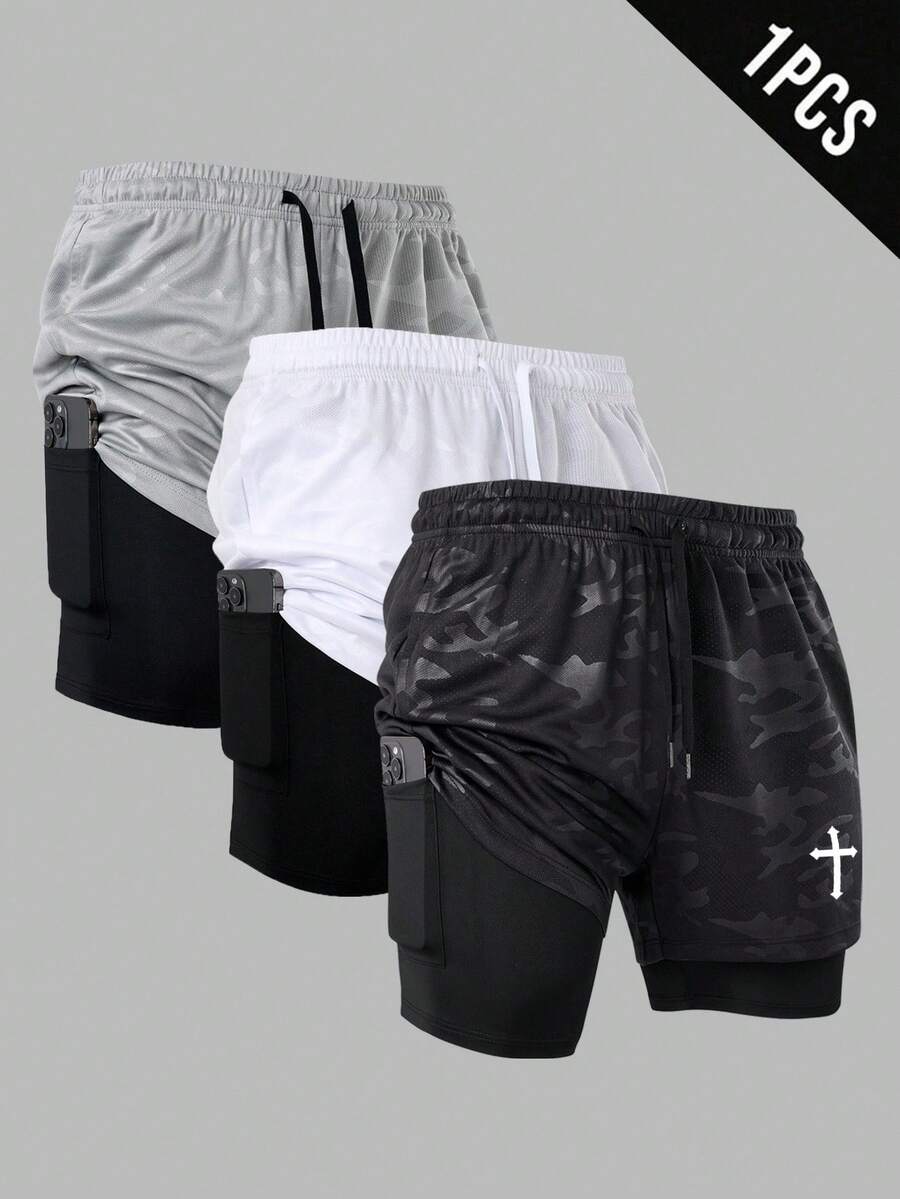 Manfinity Sport Corelite 1pc Boyfriend Style Men's Cross Print Drawstring Waist Sports Shorts, Summer - Black - View 1