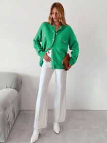 EURMUSE Ladies' Solid Color Round Neck Cardigan With Faux Pockets - Green - View 3