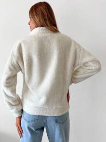 RueChic Half Zip Drop Shoulder Teddy Sweatshirt - White - View 2