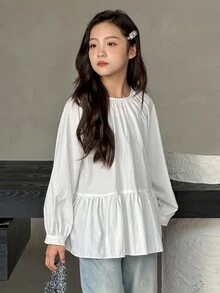 Dazy Kids Tween Girls Round Neck Long Sleeve Woven Shirt - White - View 6