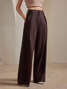 Anewsta 女士现代简约通勤美亚德棕色条纹直筒阔腿裤，适合圣诞节和新年 - 咖啡棕 - 查看 1