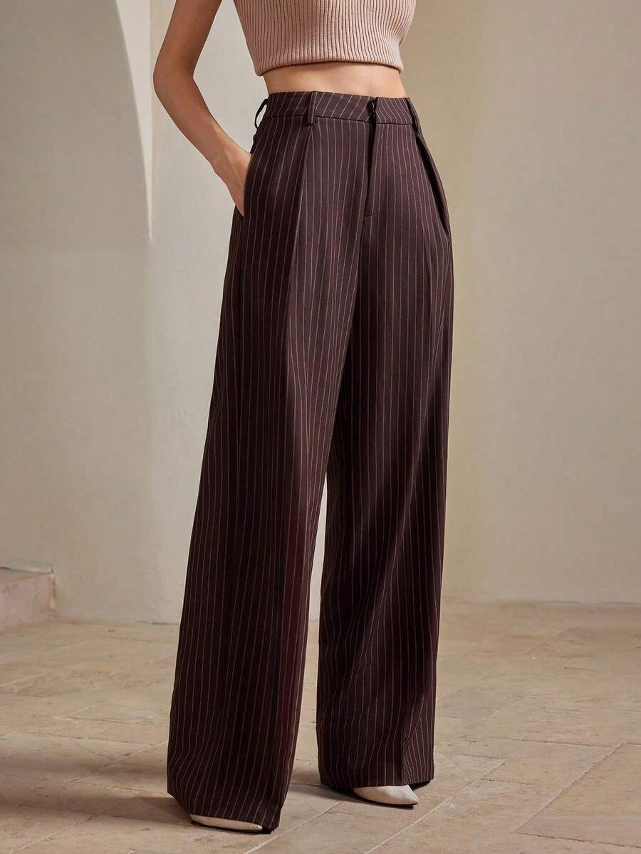 Anewsta 女士现代简约通勤美亚德棕色条纹直筒阔腿裤，适合圣诞节和新年 - 咖啡棕 - 查看 1