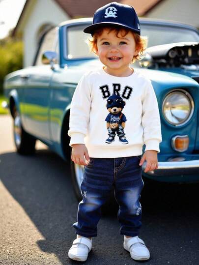 SHEIN 2pcs/Set Baby Boy Bear Print Round Neck Long Sleeve Top Paired With Faux Denim Belted Pants, Suitable For Spring/Autumn Baby Boys Comfortable Long Sleeve Animal Design Sweatshirt Co-Ords For Playtime Toddler Boy Clothes Baby Boy Clothes Brothers Set Baby Teddy Bear Outfit Baby Bear Outfit Baby Boys Outfit Baby Boy Clothes Baby Tracksuit Toddler Boy Outfit 6M-3T Fall Winter