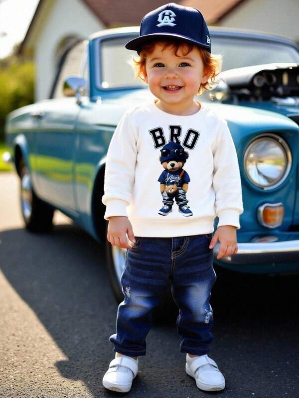 SHEIN 2pcs/Set Baby Boy Bear Print Round Neck Long Sleeve Top Paired With Faux Denim Belted Pants, Suitable For Spring/Autumn Baby Boys Comfortable Long Sleeve Animal Design Sweatshirt Co-Ords For Playtime Toddler Boy Clothes Baby Boy Clothes Brothers Set Baby Teddy Bear Outfit Baby Bear Outfit Baby Boys Outfit Baby Boy Clothes Baby Tracksuit Toddler Boy Outfit 6M-3T Fall Winter