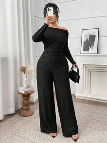 Modelyn Conjunto de 2 piezas de top con cuello asimétrico y pantalones de unicolor informal de talla grande - Negro - Ver 1
