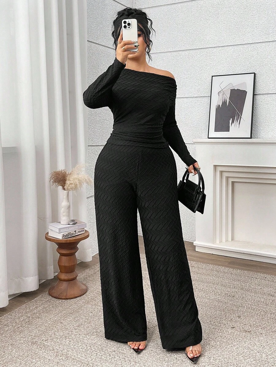 Modelyn Conjunto de 2 piezas de top con cuello asimétrico y pantalones de unicolor informal de talla grande - Negro - Ver 1