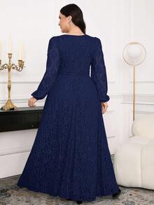 Modelyn Plus Size Elegant Party Solid Color Lace Dress Fall - Navy Blue - View 2