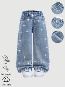 SHEIN 年轻女孩牛仔裤，中度水洗蓝色，街头风格休闲度假，Y2K 设计，不对称松紧腰身，基本款口袋，按扣装饰，水钻点缀，宽松直筒裤腿，柔软棉质牛仔布，无弹力，适合日常穿着、通勤、郊游、派对，秋冬新品