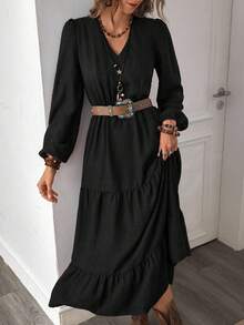 LanaWest Women's Autumn Bohemian Casual Vacation Style Rust Brown Design V-Neck Long Sleeve Patchwork Dress