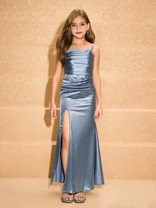 青少年女孩优雅简约时尚垂坠领无袖高腰长开衩设计缎面亮面面料连衣裙，适合毕业舞会、派对，蓝色修身高端圣诞连衣裙 - 藍色 - 查看 3