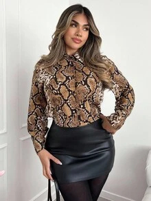 Xyvia 25+ Women's Vintage Classic Animal Print Snake Pattern Button Down Loose Long Sleeve Shirt Blouse, Suitable For Daily Commute, Autumn/Winter - Multicolor - View 4