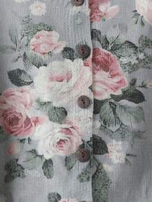 SHEIN Privé 大码女式花卉图案长袖单排扣休闲针织开衫，秋冬 - 墨綠色 - 查看 5