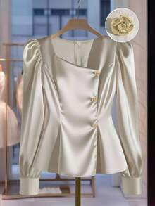 Franclia Elegant Solid Color Puff Sleeve Blouse, Suitable For Commuting - Champagne - View 3