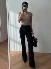 DAZY 1 件女士加长喇叭裤，显瘦加长腿，女士正装裤 - 黑色 - 查看 2