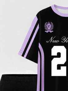 SHEIN Women Casual Creative Number 23 & Letter Slogan Graphic Print T-Shirt And Bike Shorts 2pcs Outfit Set New York Outfits Women Y2k 2 Pieces Set Jersey Y2k Jerseys For Women Y2k Y2k Clothes