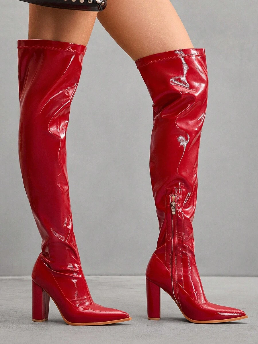 CUCCOO SZL Giày bốt cao gót mũi nhọn màu đỏ thời trang gợi cảm, giày bốt cao đến đùi mềm mại co giãn có khóa kéo bên hông đa năng, giày bốt cao đến đầu gối màu đỏ cho ngày lễ Giáng sinh - Đỏ - Xem 1