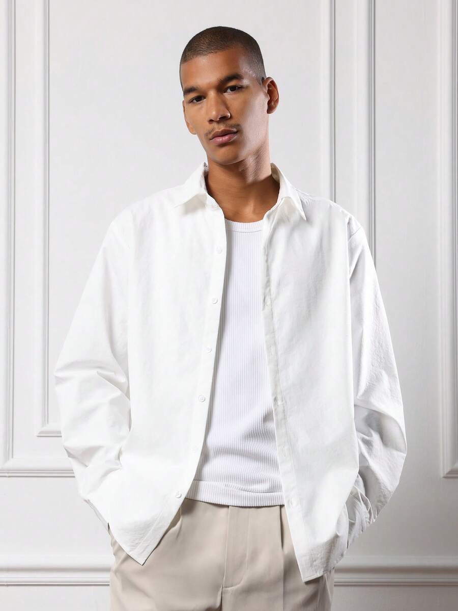 SUMWON 经典常规版型牛津纽扣长袖衬衫基本款商务休闲办公室专业风格轻便时尚休闲日常穿着设计 - 白色 - 查看 1