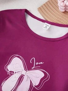 女童休闲宽松蝴蝶印花睡衣套装，优雅可爱，轻盈，秋冬，紫色 - 紫色 - 查看 3