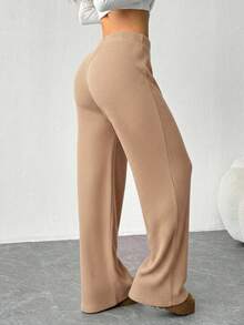SHEIN EZwear Stylish Women's Camel Plain Knitted Wide Leg Long Pants With Pockets For Everyday Wear Comfy Pants Knit Pants Women Wide Leg Pants