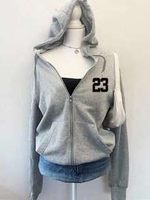Attitoon Felpa con cappuccio casual e minimalista, a maniche lunghe, con stampa, con chiusura lampo, modello oversize per donna, con stampa del numero 23, adatta per l'autunno/inverno
