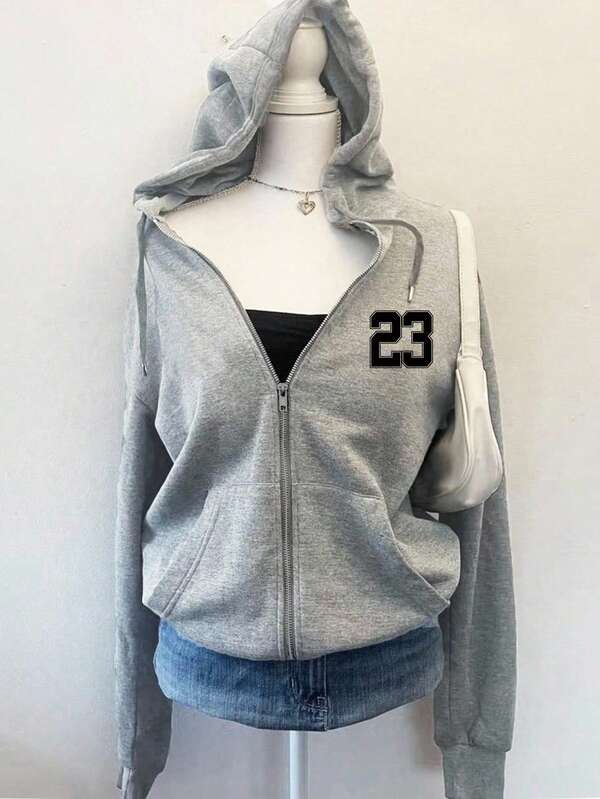 Attitoon Casual Minimalist Printed Hooded Sweatshirt Long Sleeve Loose Women Hoodie Sweatshirt, Number 23 Print In Fall/Winter,Zip Up Hoodie Women,Zip Up Hoodie For Women