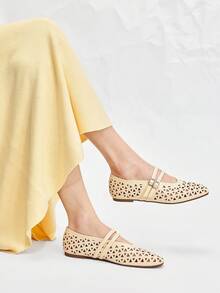 Mnmlis Pre Laser Cutout Square Toe Mary Jane Strap Flat Shoes For Women - Yellow - View 7