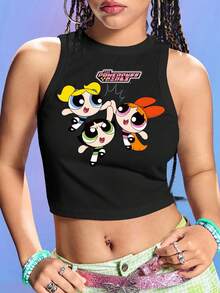 THE POWERPUFF GIRLS X SHEIN 女式夏季可爱花朵、泡泡、毛茛图案短款修身背心 - 黑色 - 查看 3