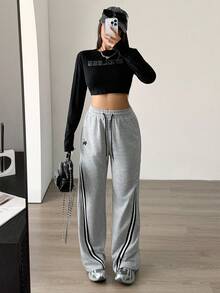 Aidyla Women's Faux Cotton Twill Gray Patchwork Waist Drawstring Casual Sweatpants, Autumn/Winter Jogging Pants Wide Leg Sweatpants - Grey - View 4