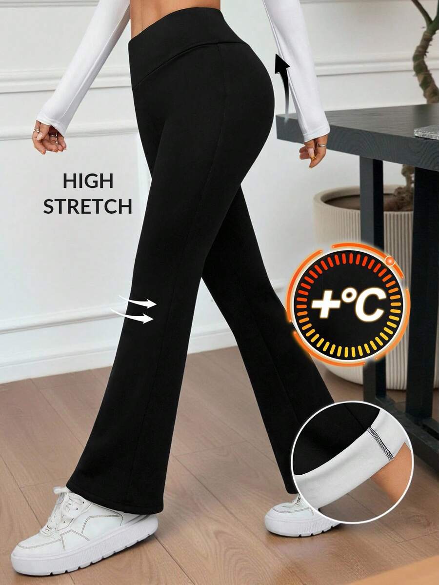 SHEIN Tween 女童休闲百搭简约弹力喇叭裤，保暖内衬，适合返校季穿着，黑色喇叭裤