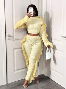 BamGleam Women's Elastic Waist Fringe Design Knitted Long Pants, Autumn/Winter