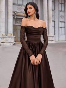 Aureia Đầm maxi satin xếp ly tay ngắn, trễ vai, xuyên thấu, viền ren, màu đen sang trọng, thanh lịch, phù hợp cho đám cưới, tiệc tùng, kỳ nghỉ, dạ hội, hẹn hò, các dịp trang trọng (chất liệu dày dặn), thích hợp cho ngày Valentine. - Cà phê nâu - Xem 8