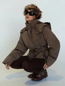 SHEIN ICON 女式棕色纯色长袖拉链前休闲连帽冬季夹克绗缝夹克 - 棕色 - 查看 3