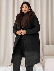 Auralis Plus Size Women's Autumn And Winter Fashion Casual Daily Brown Plush Splicing Black Mid-Length Waist Warm Coat,Women's Winter Clothes,Winter Outfits - Black - View 2
