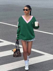 Muchica 女式休闲学院风长袖刺绣T恤 - 綠色 - 查看 7