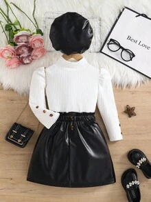 2 件套年轻女士简约优雅泡泡袖上衣和高腰 A 字皮裙搭配贝雷帽套装，适合休闲时尚穿着 - 彩色 - 查看 3