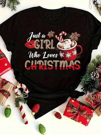 EMERY ROSE Women's Plus Size Graphic Alphabet Letter T-Shirt - Polyester Knit Fabric, Short Sleeve, Round Neck, Pullover, All-Season, No Belt, No Detail, Black Style Christmas