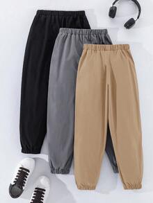SHEIN 3pcs/Set Teen Boy Loose Casual Solid Color Drawstring Ankle Length Pants Fall Winter - Khaki - View 5