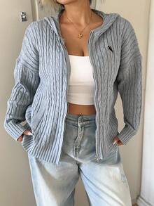 POPSWAY Cardigan cu mânecă lungă, tricotat, casual, mărime mare, pentru femei, cu umeri căzuți - Gri - Vizualizare 1