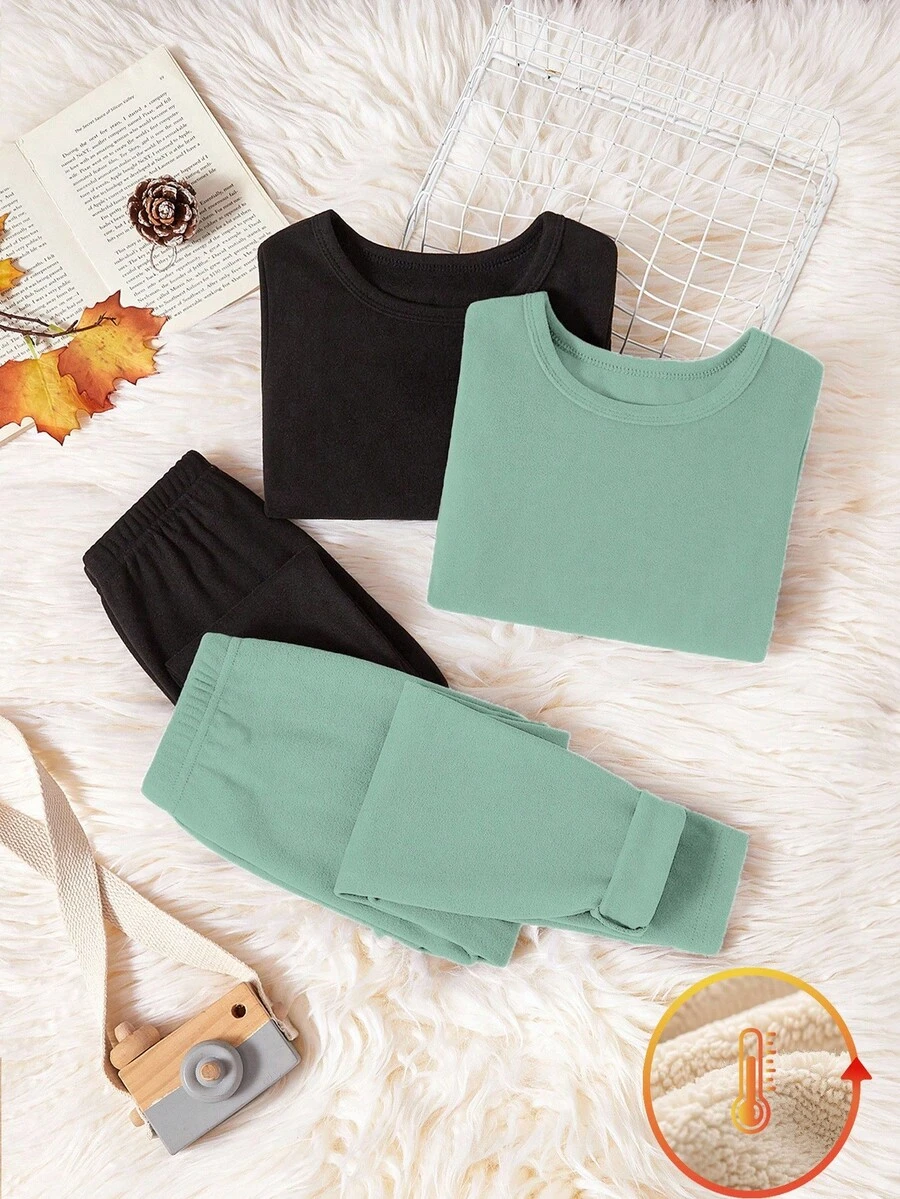SHEIN 2 Sets Young Boy Black & Light Green Thermal Underwear Set, Long Pants & Long Sleeve, Stretchy Knit Fabric, Machine Washable, Comfortable Fit, Family Matching Outfits (2 Sets Sold Separately) Fall Winter - Multicolor - View 1
