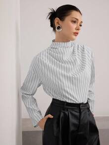 Heiryn قميص نسائي فضفاض بأكمام طويلة منسدلة مع ياقة، مخطط، عصري وشامل الاستخدامات