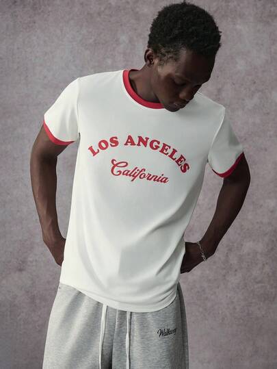 STYNVO 男士撞色字母图案休闲短袖T恤，夏季百搭