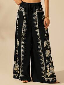 CAJUNI 女式波西米亚风热带植物印花阔腿裤，夏季休闲度假海滩阔腿裤 - 黑色 - 查看 4