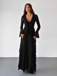 SHEIN Tall 女士时尚优雅阿拉伯风格长袖连衣裙黑色针织礼服约会派对商务通勤休闲简约纯色连衣裙网眼深 V 领性感荷叶边下摆浪漫连衣裙长裙紧身连衣裙，适合春夏季、毕业典礼、女士教师服装、教师连衣裙 - 黑色 - 查看 4