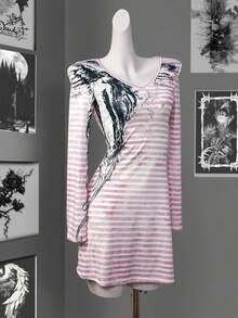 INAWLY 女式 Y2K 朋克天使翅膀 V 领修身粉色条纹喇叭袖连衣裙，节日礼物，时尚，垃圾摇滚，甜心摇滚，姐妹礼物，返校装，家庭礼物，适合送给朋友和家人的礼物 - 彩色 - 查看 3