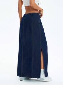 SHEIN Casual Low-Waist Patchwork Side Slit Maxi Denim Skirt
