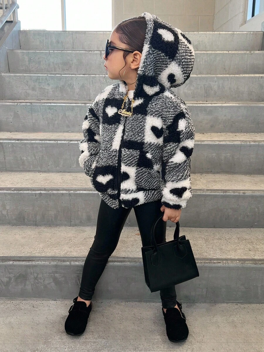 SHEIN 年轻女孩休闲字母和心形拼布拉链宽松珊瑚绒连帽夹克,秋冬 - 紅白色 - 查看 1