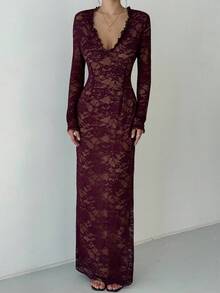 Aloruh Fioletowa, aksamitna sukienka z koronką, głębokim dekoltem w serek i długim rękawem, z wysokim rozcięciem, idealna na imprezę i randkę - Czerwony fiolet - Zobacz 5