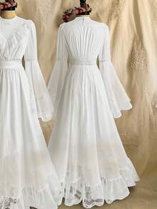 Lyrianda Solid Color Princess Style Sweet Cute Elegant Waist Cinched Lace Patchwork Dress