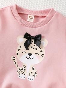 Cozy Pixies 女婴卡通动物图案针织柔软圆领长袖套头卫衣，可爱动物设计圆领长袖上衣，舒适百搭时尚日常可爱简约基础款，适合室内、户外滑雪、日常穿着、运动、玩耍、派对等场合。 - 粉色 - 查看 5